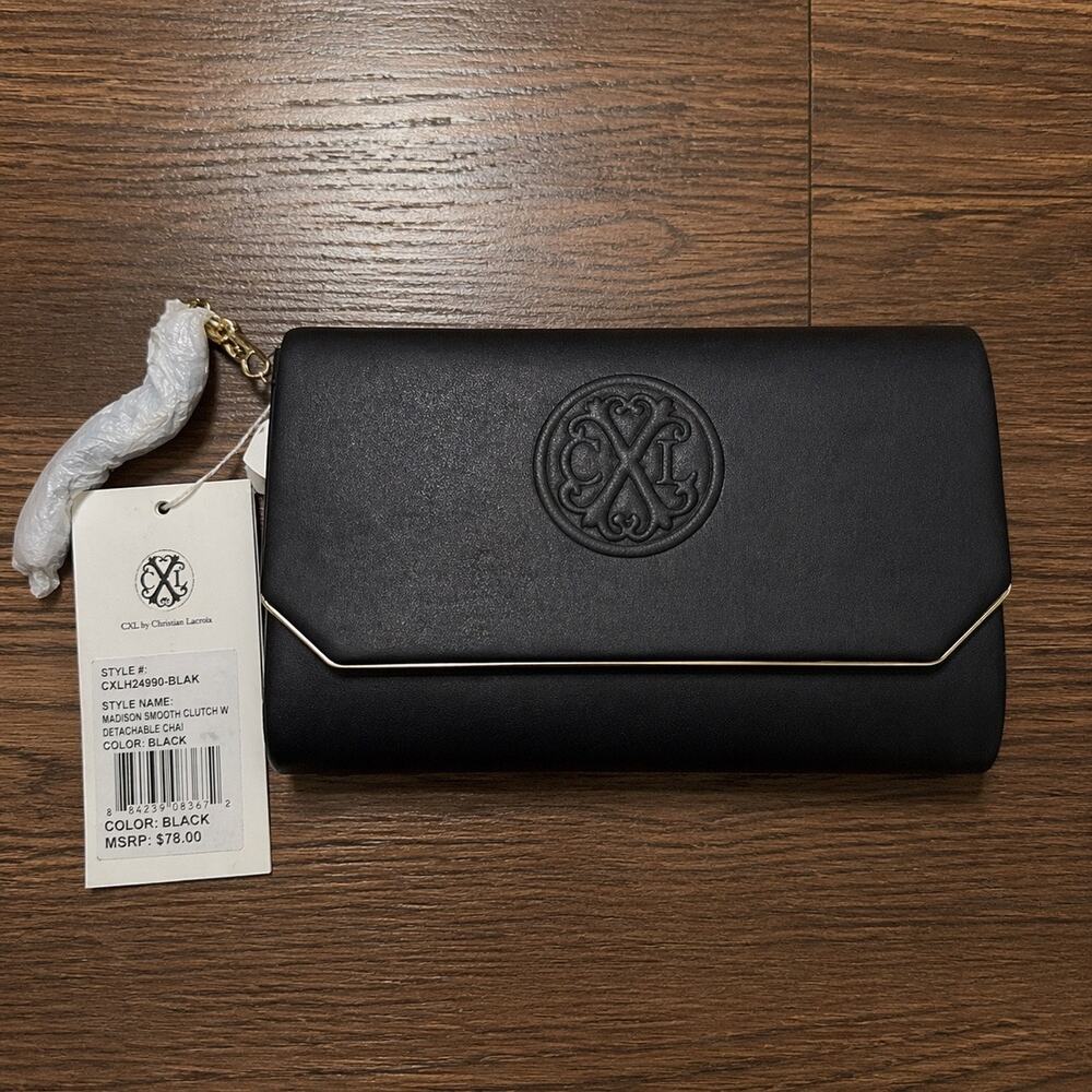 NWT CXL Christian Lacroix Madison Smooth Black Clutch Crossbody Bag Chain Strap - Picture 2 of 5